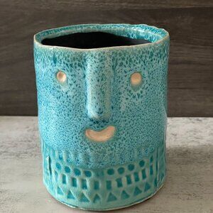 Hettie Happy Face Rustic Turquoise Blue Houseplant Pot Crock Handmade in UK 4.5"